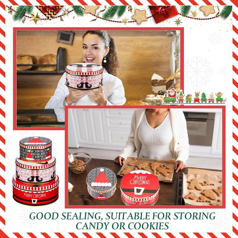 Lingvee 3 Pcs Christmas Cookie Tins with Lids for Gift Giving Tin Containers Round Festive Cookie Tins Metal Nesting Containers Large Medium Small(Snowflakes Style,Red) - Image 5